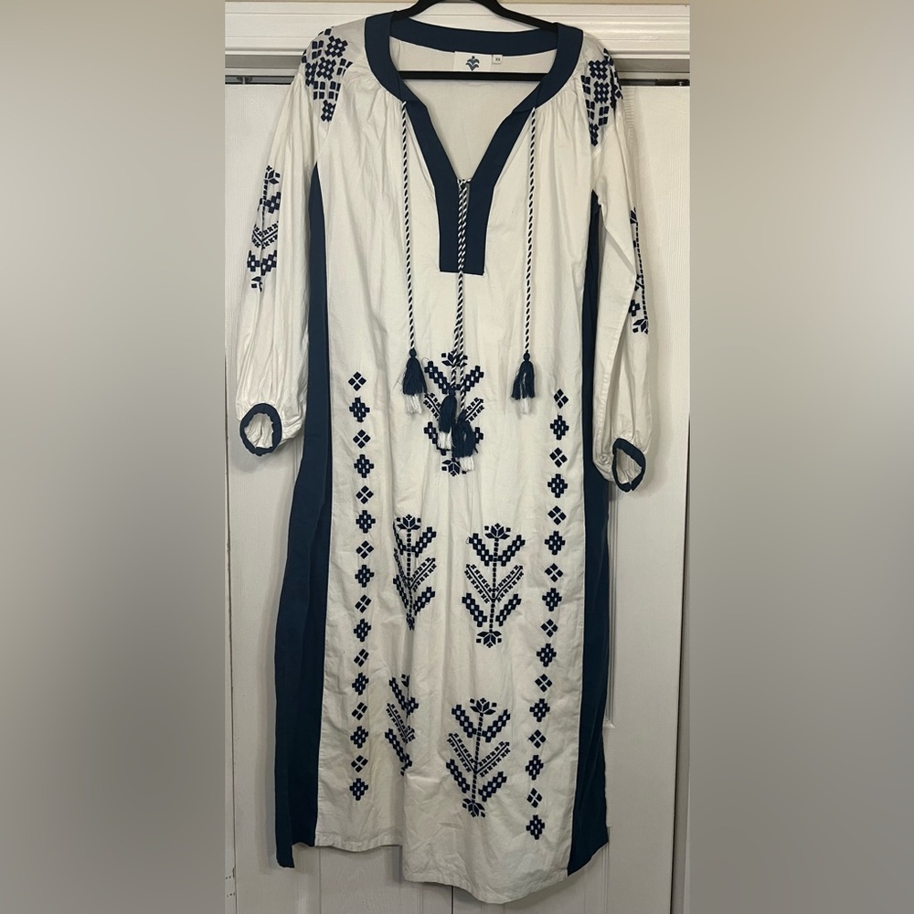 Pomegranate XS Long White Blue Embroidered Caftan Dress Tassels Boho Resort